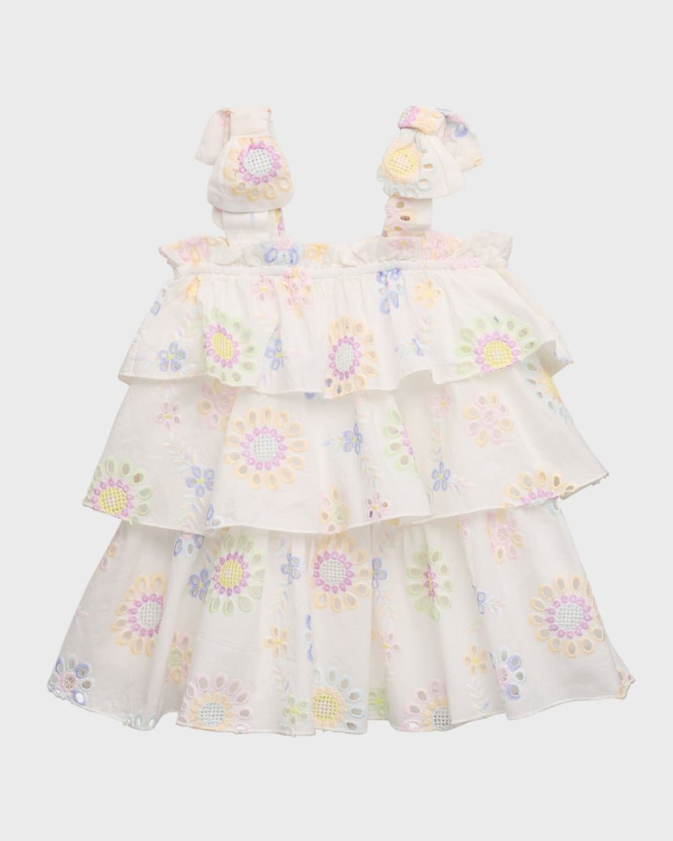 Girl's Eyelet Daisy-Print Tiered Dress, Size 2T-6